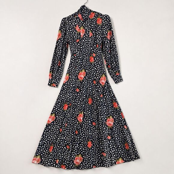 Handmade Dresses & Skirts - Vintage Handmade Navy Floral Dress Long Sleeve High Neck Cottagecore Midi Maxi